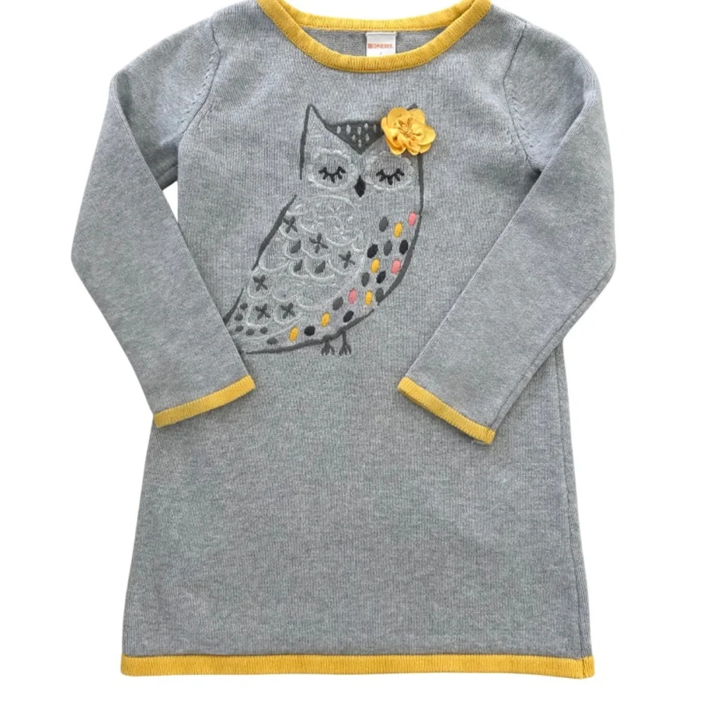Gymboree Girls Dress Gray/Yellow Knit Cotton Owl Sweater Size 7 Spring